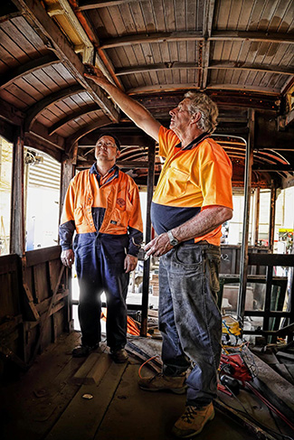 Bendigo Tramways Depot Workshop Carpentry Volunteers restoring tram interior